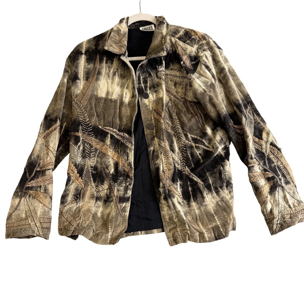 Chico's Design Jacket Womens 1 Brown Velvet Embroidered Leaf Button Front Lined